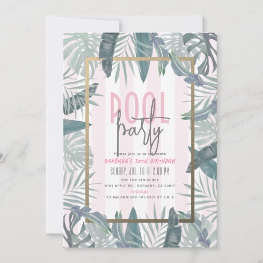 Invitation Piscine Feuille tropicale Pink Adulte Anniversaire (Devant)