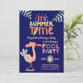 Invitation PISCINE Flamant rose Tropicale Pink Blue Quirky Fu (Debout devant)