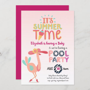 Invitation PISCINE Flamant rose Tropicale Pink Blue Quirky Fu