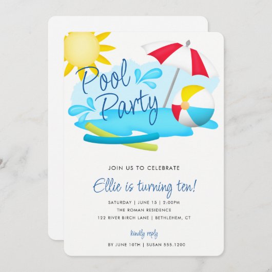 Invitation Piscine Fun été Anniversaire (Devant / Derrière)