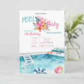 Invitation Piscine Lunettes de flottaison Fleurs Anniversaire (Debout devant)