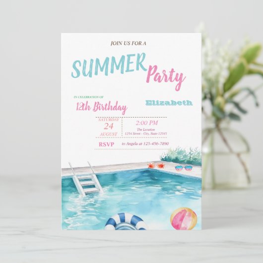 Invitation Piscine Lunettes de flottaison Fleurs été Annivers (Debout devant)