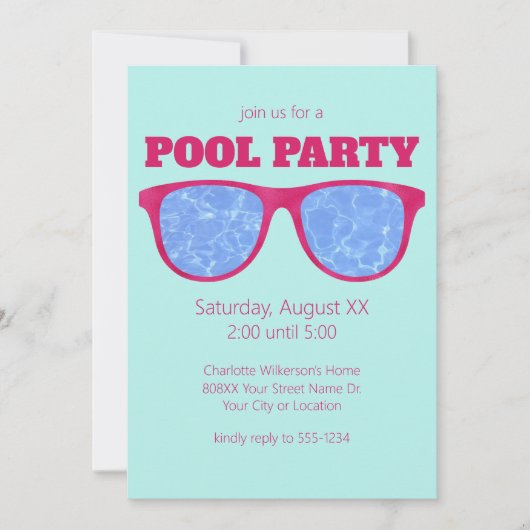 Invitation Piscine Party Hot Pink lunettes de soleil sur Turq (Devant)