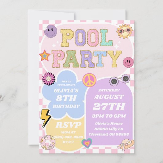 Invitation Piscine Party Preppy Varsity Patch Anniversaire (Devant)