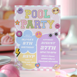 Invitation Piscine Party Preppy Varsity Patch Anniversaire