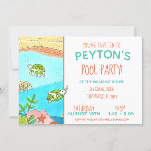 Invitation Piscine Party Tortues été Anniversaire