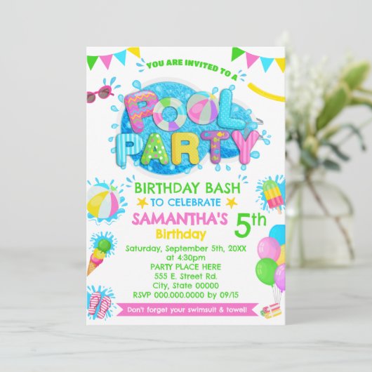 Invitation Piscine rose Anniversaire (Debout devant)