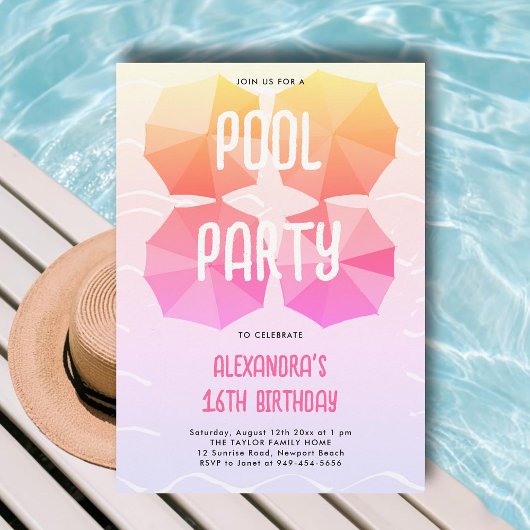 Invitation Piscine rose Anniversaire Parasols Cool Sweet 16