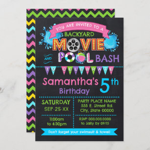 Invitation Piscine rose et cinéma Anniversaire fête d'été