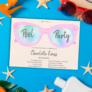 Invitation Piscine rose lunettes holographiques Sweet 16