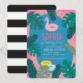 Invitation Piscine rose néon tropical fille Anniversaire (Devant / Derrière)