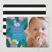 Invitation Piscine rose néon tropicale fille 1er anniversaire (Devant / Derrière)