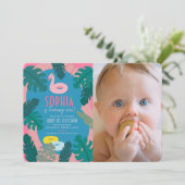 Invitation Piscine rose néon tropicale fille 1er anniversaire (Debout devant)