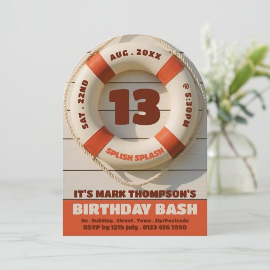 Invitation Piscine rustique Donut, Pool Party Anniversaire (Debout devant)