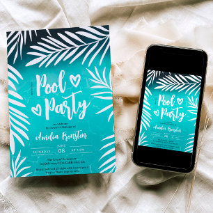 Invitation Piscine tropicale en feuille de palmier bleu fête 