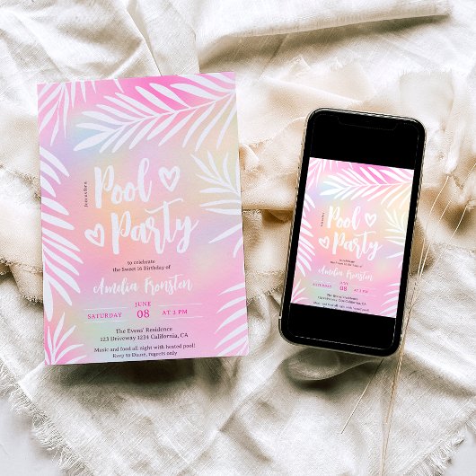 Invitation Piscine tropicale en palmier arc-en-ciel fête Swee