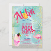 Invitation PISCINE tropicale Flamant rose ananas Aloha Luau (Devant)