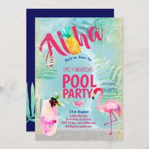 Invitation PISCINE tropicale Flamant rose ananas Aloha Luau