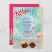 Invitation PISCINE tropicale Flamant rose ananas Aloha Luau (Devant / Derrière)