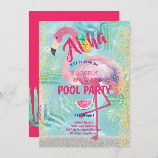 Invitation PISCINE tropicale Flamant rose ananas Aloha Luau (Devant / Derrière)