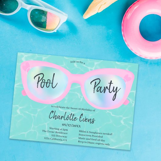 Invitation Piscine tropicale lunettes holographiques Sweet 16
