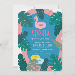 Invitation Piscine tropicale Pink Girl 1er anniversaire