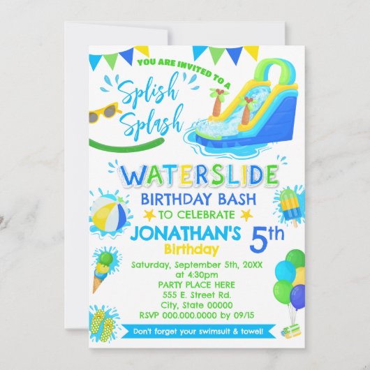 Invitation Piscine verte bleue d'anniversaire Splish Splash (Devant)