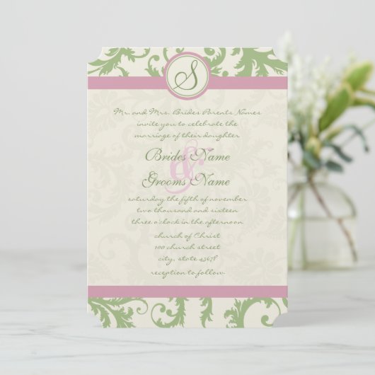 Invitation Pistachio Clover Rose Petal Mariage damassé Invita (Debout devant)
