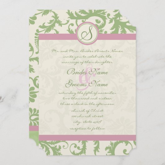 Invitation Pistachio Clover Rose Petal Mariage damassé Invita (Devant / Derrière)