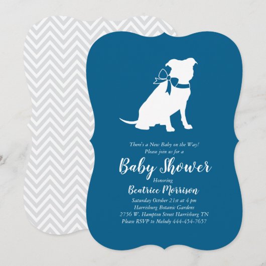 Invitation Pit Bull Chien Baby shower Blue Boy Pitbull (Devant / Derrière)