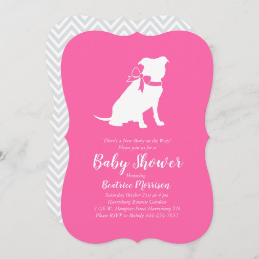 Invitation Pit Bull Chien Baby shower rose fille Pitbull (Devant / Derrière)