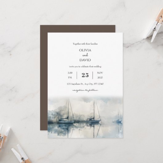 Invitation Pittoresque Coastal Misty Harbour Matin Beach Wedd (Devant/Arrière en situation)