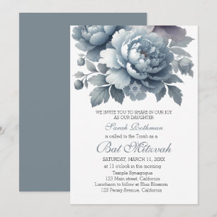 Invitation Pivoine Élégante Fleur Poussiéreux Bleu Bat Mitzva