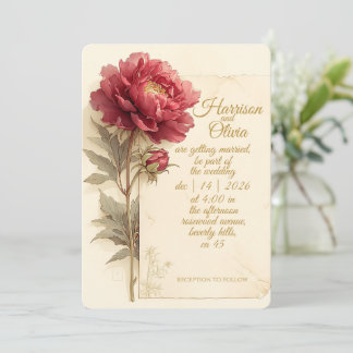Invitation Pivoine Rouge Élégant Romantique Mariage Vintage
