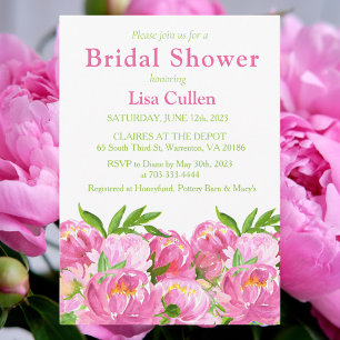 Invitation Pivoines aquarelles roses Élégant Shower de Mariag