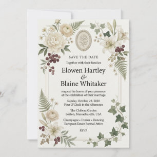 Invitation Pivoines blanches, Lys, Baies, Lierre, Vignette de