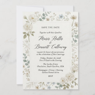 Invitation Pivoines blanches, Renoncules, Iris, Rameaux d'oli