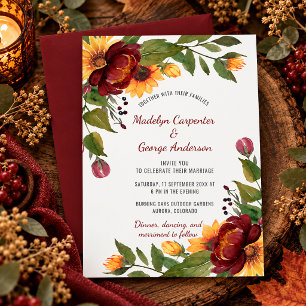Invitation Pivoines Bourguignon et Jaune Tournesols Mariage