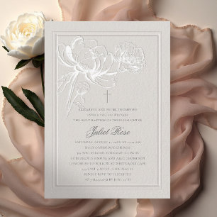Invitation Pivoines Cadre Élégant Croix Moderne Crème Baptême