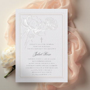 Invitation Pivoines Élégant Cadre en Croix Moderne Baptême
