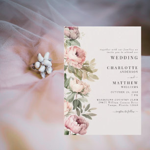 Invitation Pivoines Élégantes de Mariage à l'Aquarelle Rose