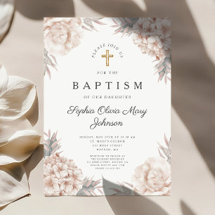 Invitation Pivoines Florales Croix Dorée Fille Baptême Religi