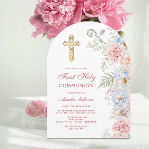 Invitation Pivoines pastel arc Première Communion