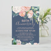 Invitation Pivoines romantiques | Bleu 50e anniversaire de ma (Debout devant)