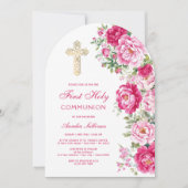Invitation Pivoines Rose Chaud Arc Première Communion (Devant)