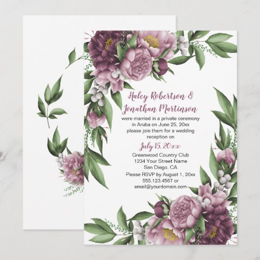 Invitation Pivoines Rose Mauve et Feuillage Réception uniquem (Devant / Derrière)