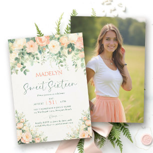 Invitation Pivoines Rose Pêche Script Élégant Photo Sweet 16