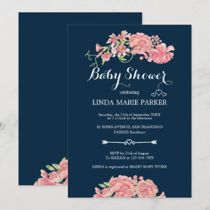 Invitation Pivoines roses bleu marine floral élégant shower d