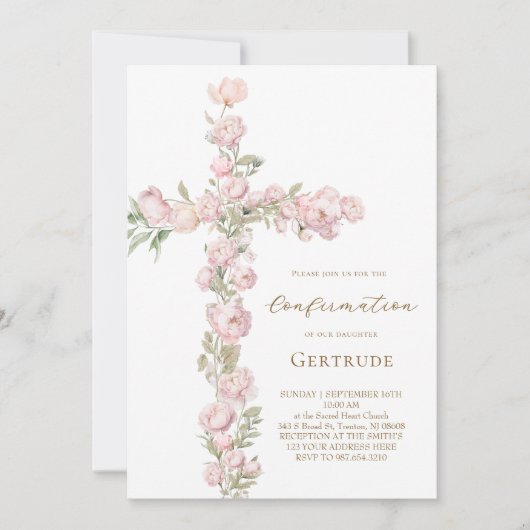 Invitation pivoines roses croix Confirmation (Devant)