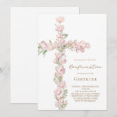 Invitation pivoines roses croix Confirmation (Devant / Derrière)